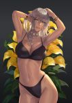  1girl absurdres armpits arms_up bikini black_background bracelet breasts cleavage commentary_request damegane dark_skin earrings floral_background flower grey_hair highleg highleg_bikini highleg_swimsuit highres jewelry large_breasts lips long_hair looking_at_viewer navel necklace original parted_lips reena_(damegane) shiny shiny_hair simple_background smile solo stomach stomach_day swimsuit thighs yellow_eyes 