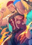  1boy abs arm_up bara bare_chest blue_eyes blush bodysuit bulge chest chest_harness covered_abs covered_navel embers fire harness hozunomi_(user_jxa4157) labcoat live_a_hero looking_at_viewer male_focus muscle nipples rakta_(live_a_hero) red_hair short_hair solo thick_thighs thighs torn_bodysuit torn_clothes 