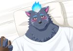  anthro bed blue_body blue_fur blush cotora duo fire first_person_view flaming_hair flaming_mane fur furlong_(live-a-hero) furniture hand_holding hi_res hyaenid live-a-hero male mammal pillow pseudo_hair pseudo_mane yellow_eyes 