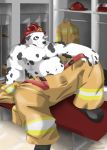  anthro armor bulge canid canine canis chubby_male clothed clothing dalmatian domestic_dog drago-kun firefighter firefighter_helmet firefighter_uniform headgear helmet hi_res male mammal overweight overweight_anthro overweight_male seductive_eyes solo spots spotted_body story story_in_description topless topless_male 