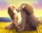  2018 anthro athletic athletic_anthro athletic_male black_body black_fur black_nose blizzard_entertainment bottomwear bra braided_hair breasts brown_body brown_fur brown_hair canid canine canis clothed clothing death_knight duo female fur hair hand_holding hand_on_ground hi_res inner_ear_fluff kissing leaning_in long_hair looking_at_another looking_at_partner lovelocke male male/female mammal midriff outside panties romantic_couple shorts sitting teeth topless topless_male tuft undead underwear video_games warcraft were werecanid wolf worgen 