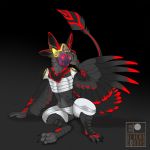  absurd_res aliena-cordis ambiguous_gender anthro armor avali barefoot black_body black_feathers etis feathers gradient_background hi_res machine markings protogen red_markings scales screen screen_face simple_background sitting solo 