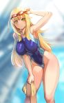  1girl adjusting_goggles arm_up armpits bangs blonde_hair blue_swimsuit blurry blurry_background bow_(bhp) breasts closed_mouth competition_swimsuit goggles goggles_on_head highleg highleg_swimsuit holding holding_towel impossible_clothes impossible_swimsuit large_breasts leaning_forward light_frown long_hair one-piece_swimsuit original sketch solo swimsuit towel yellow_eyes yellow_towel 