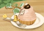  bird chai commentary dessert food fork highres leaf mont_blanc_(food) original plant plate sitting sitting_on_food sitting_on_object tart_(food) tiger undersized_animal vines white_tiger 