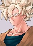  1boy blonde_hair blue_eyes closed_mouth dragon_ball dragon_ball_z grey_background male_focus mattari_illust serious simple_background solo son_goku spiked_hair super_saiyan super_saiyan_1 twitter_username upper_body 