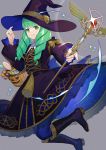  1girl basket boots candy fire_emblem fire_emblem:_three_houses fire_emblem_heroes flayn_(fire_emblem) food green_eyes green_hair halloween hat highres kyufe long_hair looking_at_viewer pantyhose school_uniform shiny simple_background solo staff witch_hat 