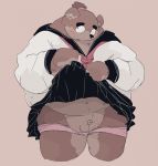  2020 anthro balls belly blush brown_body brown_fur clothed clothing crossdressing dumdum fur genitals hi_res kemono male mammal overweight overweight_male penis simple_background small_penis solo underwear ursid 