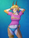  2016 5_fingers antelope anthro biped blonde_hair blue_background blue_clothing blue_eyes blue_highlights blue_panties blue_underwear bovid bracelet clothing conditional_dnp digital_media_(artwork) ear_piercing ear_ring female fingers fur gazelle gloves_(marking) gradient_background hair hands_behind_head highlights_(coloring) horn jewelry kadath legband looking_at_viewer mammal markings multicolored_body multicolored_fur navel navel_piercing panties piercing pink_nose shirt signature simple_background smile solo standing t-shirt thighband topwear two_tone_body two_tone_fur underwear white_body white_fur yellow_body yellow_fur 