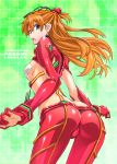  1girl ass blue_eyes blush bodysuit breasts evangelion:_2.0_you_can_(not)_advance from_behind highres long_hair looking_at_viewer looking_back medium_breasts multicolored multicolored_bodysuit multicolored_clothes neon_genesis_evangelion open_mouth orange_bodysuit pilot_suit plugsuit rebuild_of_evangelion red_bodysuit shikinami_asuka_langley shiny shiny_clothes shiny_hair shiny_skin solo souryuu_asuka_langley standing suzutsuki_kurara test_plugsuit 