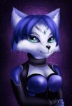  2019 5_fingers anthro black_nose blue_body blue_eyes blue_fur blue_hair breasts canid canine clothing female fingers fox fur gem hair hi_res inner_ear_fluff jewelry krystal looking_at_viewer mammal missmccloud multicolored_body multicolored_fur nintendo purple_background simple_background solo star_fox suit tuft video_games white_body white_fur 