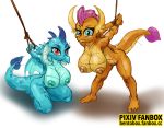  ambiguous_gender anthro bdsm big_breasts bondage bound breasts dragon duo fanbox female friendship_is_magic genitals hasbro kneeling looking_at_viewer my_little_pony princess_ember_(mlp) pussy smolder_(mlp) smudge_proof solo standing unimpressed 