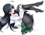  1girl ahoge artist_name ass black_hair black_legwear blue_eyes blush closed_mouth dated girls_und_panzer green_skirt highres isuzu_hana kuzuryuu_kennosuke long_hair looking_at_viewer looking_to_the_side lying miniskirt no_panties no_shoes on_side ooarai_school_uniform pantyhose pleated_skirt school_uniform shadow shiny shiny_hair shiny_skin simple_background skirt smile solo white_background 