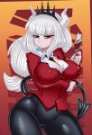  absurd_res alcohol bayeuxman beverage big_breasts breasts camel_toe cleavage clothed clothing demon demon_humanoid female hair helltaker hi_res humanoid lucifer_(helltaker) nipple_outline not_furry red_eyes solo spade_tail tisinrei white_hair wine wine_glass 