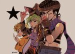  1girl 2boys :o belt belt_buckle black_coat black_headwear blonde_hair blue_eyes breasts buckle closed_mouth coat cosplay dio_brando dio_brando_(cosplay) ear_piercing fingerless_gloves giorno_giovanna gloves green_eyes green_lipstick grin hat higashikata_jousuke hrtw136 jacket jojo_no_kimyou_na_bouken jojo_pose joseph_joestar_(young) joseph_joestar_(young)_(cosplay) kuujou_jolyne kuujou_joutarou kuujou_joutarou_(cosplay) lips lipstick makeup multiple_boys one_eye_closed pants piercing pompadour pose purple_shirt school_uniform shirt sleeveless sleeveless_shirt smile star_(symbol) yellow_jacket 