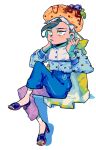  1boy alternate_costume anchor black_hair blue_nails blue_pants blueberry bulzizzang chocolate_syrup food fruit full_body green_jacket hat high_heels highres invisible_chair jacket jojo_no_kimyou_na_bouken jojolion kira_yoshikage_(jojolion) knee_up long_sleeves object_on_head pants print_shirt puffy_long_sleeves puffy_sleeves sandals shadow shirt simple_background sitting solo white_background 