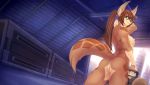  2020 anthro breasts brown_hair canid canine canis conditional_dnp detailed_background female genitals green_eyes hair hi_res jackal long_hair mammal nipples nude pussy scappo smile solo tsenaya 