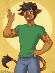  2017 5_fingers anthro bottomwear brown_body brown_fur brown_hair clothing denim denim_clothing fingers fur giraffe giraffid hair horn jeans looking_at_viewer male mammal nim-nim ossicone pants patrick_(kadath) shirt signature simple_background smile solo spots spotted_body spotted_fur t-shirt topwear yellow_background yellow_body yellow_fur 