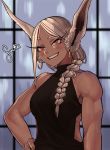  1girl absurdres alternate_hairstyle animal_ears artist_name bare_arms blush boku_no_hero_academia braid bunny_ears dark_skin earrings english_commentary eyelashes gud0c hand_on_hip highres hoop_earrings jewelry long_hair looking_at_viewer mirko muscle muscular_female open_mouth smile solo 