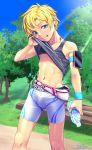  1boy absurdres bench bike_shorts blonde_hair blue_eyes bottle bulge day earbuds earphones fuwatoro_(i7mnoehere) highres lifted_by_self looking_at_viewer male_focus open_mouth original outdoors park smile solo tank_top_lift tree water_bottle wristband 