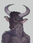  anthro bovid bovine bust_portrait cattle clothed clothing curved_horn ear_piercing ear_ring facial_piercing fur grey_body grey_fur hair hi_res horn male mammal nose_piercing nose_ring piercing portrait solo tgt1512 topless 