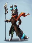  anthro auro_(auropaw) clothing coat eeveelution glaive grin hi_res male melee_weapon nintendo pirate_outfit pixelvari plantigrade pok&eacute;mon pok&eacute;mon_(species) polearm scarf shiny_pok&eacute;mon simple_background smile smug solo topwear umbreon video_games weapon 