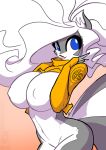  2020 anthro big_breasts big_hair black_body black_fur blue_eyes bottomless breasts chloe_sinclaire clothed clothing conditional_dnp female fur hair jollyjack looking_at_viewer mammal mephitid mostly_nude nipples raised_clothing raised_shirt simple_background skunk solo tan_background white_body white_fur white_hair 