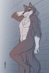  2020 abs against_wall anthro athletic athletic_anthro athletic_male canid canine canis chest_tuft countershade_face countershade_torso countershading digital_media_(artwork) fur greyscale hand_behind_head heresy_(artist) hi_res inner_ear_fluff leaning leaning_back looking_at_viewer male mammal monochrome navel nude on_one_leg pecs pike_(rimba_racer) pinup pose pubes rimba_racer smile solo standing teeth tuft wolf 