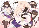  1girl animal_ears azur_lane blush bow breasts brown_hair brown_legwear commentary_request cow_ears eyebrows_visible_through_hair hair_bow hair_ribbon henshin highres horns kashino_(azur_lane) large_breasts long_hair looking_at_viewer nipples nude open_mouth panties purple_bow purple_eyes purple_skirt ribbon skirt solo standing thighhighs torn_clothes umanosuke underwear white_legwear white_panties white_ribbon 