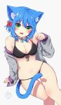  1girl :o absurdres animal_ear_fluff animal_ears bikini black_bikini blue_hair blush bow breasts cat_ears cleavage green_eyes grey_jacket hair_bow highres jacket looking_at_viewer medium_breasts michiru_donut midriff navel open_clothes open_jacket original paw_pose red_bow shadow short_hair side-tie_bikini simple_background solo swimsuit tail_censor white_background 