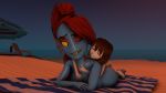  3d_(artwork) age_difference anthro barefoot beach big_breasts breasts child cleavage clothed clothing daemont92 digital_media_(artwork) duo feet female fish hi_res hug human looking_at_another lying male male/female mammal marine monster nude older_female on_front protagonist_(undertale) seaside side_boob smile source_filmmaker undertale undyne video_games young younger_male 