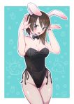  1girl absurdres aki_(girls_und_panzer) alternate_headwear animal_ears aqua_background artist_name bangs black_eyes black_legwear black_leotard black_neckwear blush bow bowtie breasts brown_hair bunny_background bunny_ears bunny_pose cleavage collar commentary covered_navel cowboy_shot dated detached_collar fake_animal_ears fishnet_legwear fishnets girls_und_panzer hair_over_shoulder heart heart_background highres itsumip leotard long_hair looking_at_viewer medium_breasts medium_hair mika_(girls_und_panzer) mikko_(girls_und_panzer) open_mouth outline outside_border pantyhose playboy_bunny side-tie_leotard signature smile solo standing starry_background strapless strapless_leotard sweatdrop thigh_gap white_collar white_outline wing_collar wrist_cuffs 