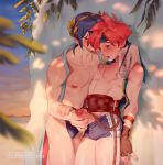  2boys against_wall belt blue_eyes blue_hair blush bracelet brown_gloves chest_hair cup drinking_glass drinking_straw english_commentary fingerless_gloves fire_emblem fire_emblem:_mystery_of_the_emblem fire_emblem:_the_blazing_blade fire_emblem_heroes gloves half-closed_eyes handjob head_wreath jewelry looking_down male_focus male_pubic_hair male_swimwear marth_(fire_emblem) meep multiple_boys nipples open_mouth pubic_hair red_hair roy_(fire_emblem) sunset swim_briefs swim_trunks swimsuit_pull swimwear tree_shade vest watermark yaoi 