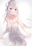  1girl bangs blush braid breasts cleavage emilia_(re:zero) flower hair_flower hair_ornament highres large_breasts lingerie long_hair looking_at_viewer negligee purple_eyes re:zero_kara_hajimeru_isekai_seikatsu silver_hair simple_background smile solo tomaco underwear white_background 