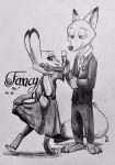  2020 barefoot canid canine clothed clothing cup disney dress female flat_chested fox fully_clothed fur hi_res holding_cup holding_object inktober inktober_2020 judy_hopps lagomorph leporid male mammal monochrome nick_wilde rabbit red_fox simple_background smile standing theblueberrycarrots white_background wine_glass zootopia 