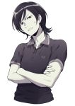  1boy annoyed bangs buttons collared_shirt commentary cropped_torso crossed_arms grey_background greyscale highres looking_at_viewer mochizuki_ren monochrome no_thank_you!!! sayshownen scowl shirt short_hair short_sleeves solo sweatdrop upper_body 