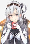  1girl bodysuit cape cup eyebrows_visible_through_hair grey_cape hair_between_eyes headband highres holding holding_cup kantai_collection kumanoko long_hair looking_at_viewer one_side_up purple_eyes sailor_collar silver_hair smile solo suzutsuki_(kantai_collection) upper_body white_bodysuit white_neckwear 