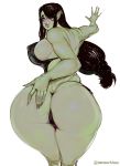  big_breasts big_butt bikini_thong black_hair blush breasts butt clothing female green_body hair hi_res holding_butt looking_back neroartbox not_furry orc simple_background solo swimwear tusks white_background 