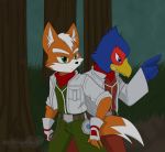  2009 anthro avian beak bird blackwingedheart87 blue_body blue_eyes blue_feathers canid canine clothing eyebrows falco_lombardi feathers fox fox_mccloud fur gesture green_eyes hair hi_res jacket mammal nintendo orange_body orange_fur pointing red_body red_feathers star_fox topwear tree video_games white_body white_fur white_hair 