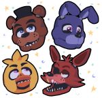  ambiguous_gender animatronic anthro avian beak bird blue_eyes bonnie_(fnaf) brown_body canid canine cheek_tuft chica_(fnaf) chicken confetti disembodied_head facial_tuft five_nights_at_freddy&#039;s fox foxy_(fnaf) freckles freddy_(fnaf) galliform gallus_(genus) gold_(metal) gold_tooth group happy head_tuft hi_res lagomorph leporid long_ears looking_at_another looking_away looking_up machine mammal multicolored_body open_mouth phasianid pink_eyes purple_body rabbit red_body robot sharp_teeth skylordlysander smile teeth tuft ursid ursine video_games yellow_body yellow_eyes 