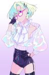  1boy alternate_costume bare_shoulders bespectacled black_gloves black_legwear burrrntlemon cross-laced_clothes garter_belt glasses gloves green_hair hair_ornament hairclip hand_on_hip highres lio_fotia looking_at_viewer male_focus otoko_no_ko parted_lips promare purple_eyes short_hair solo standing thighhighs zipper 