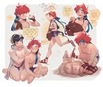  2boys ? bag barefoot blue_hair brown_footwear english_commentary english_text fire_emblem fire_emblem:_mystery_of_the_emblem fire_emblem:_the_blazing_blade fire_emblem_heroes head_wreath headband kneeling male_focus male_swimwear marth_(fire_emblem) meep messenger_bag multiple_boys red_hair roy_(fire_emblem) running sand_castle sand_sculpture sandals seashell shell shoulder_bag smile squatting stick swim_briefs swim_trunks swimwear vest watermark 