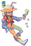  1boy alternate_costume belt blonde_hair boots bulzizzang collared_shirt cowboy_hat drinking_straw emperor_(stand) flower food full_body gun hat highres hol_horse holding holding_gun holding_weapon ice ice_cube jacket jojo_no_kimyou_na_bouken lime_print lime_slice long_hair long_sleeves marshmallow mouth_hold object_on_head pants print_shirt purple_eyes red_shirt shirt simple_background solo standing stardust_crusaders tied_shirt weapon white_background white_footwear yellow_pants 