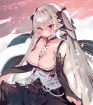 1girl azur_lane between_breasts black_nails blush breasts bridal_gauntlets cropped detached_sleeves dress dress_lift eyebrows_visible_through_hair formidable_(azur_lane) grey_hair hair_between_eyes hair_ribbon highres large_breasts long_hair nail_polish non-web_source parted_lips red_eyes ribbon scan solo soukou_makura twintails very_long_hair water 