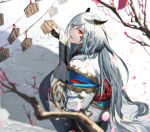  1boy branch cherry_blossoms commentary_request ema from_behind hair_between_eyes horns japanese_clothes long_hair looking_at_viewer looking_back male_focus nexie nijisanji official_art outdoors parted_lips petals pointy_ears red_eyes red_rope rope sleeves_past_wrists solo squatting umiyasha_no_kami very_long_hair virtual_youtuber white_hair wide_sleeves 
