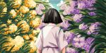 1boy black_hair blue_sky blunt_ends cloud commentary day derivative_work english_commentary facing_away flower from_behind haku_(sen_to_chihiro_no_kamikakushi) hydrangea japanese_clothes leaf lowres male_focus mika-tama nature outdoors pixel_art purple_flower screencap_redraw sen_to_chihiro_no_kamikakushi short_hair short_sleeves sky solo upper_body yellow_flower 