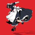  1girl apron black_dress blue_footwear bonnet dress frilled_apron frilled_bonnet frilled_dress frills long_sleeves maid_apron original red_background shadow shoes skateboard skateboarding sneakers solo suzushiro_(suzushiro333) white_apron 