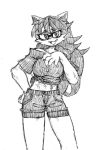  anthro baizhu big_breasts black_hair bottomwear breasts canid canine canis claws clothing eyewear female glasses hair hotpants long_hair looking_at_viewer mammal midriff shirt shorts smile solo tied_shirt topwear wolf 