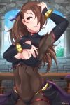  1girl absurdres armpits arms_up breasts brown_eyes brown_hair covered_navel dark_mage_(fire_emblem_fates) day elbow_sleeve fire_emblem fire_emblem_fates fire_emblem_heroes hair_over_one_eye highres kagero_(fire_emblem) looking_to_the_side ponytail solo table xereane 