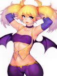 1girl arcana_heart armpits arms_behind_head blonde_hair blue_eyes breasts demon_wings earrings fumio_(rsqkr) highres jewelry lilica_felchenerow long_hair looking_at_viewer pointy_ears sharp_teeth simple_background smile solo teeth thighs twintails wings 