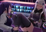 2girls alcohol artist_request bar bartender beer beret bottle cocktail_shaker commission crossover cup drinking_glass drooling drunk girls_frontline glass_bottle hat hk416_(girls_frontline) jill_stingray multiple_girls necktie purple_hair red_eyes silver_hair sleeping thighhighs va-11_hall-a wine_bottle 
